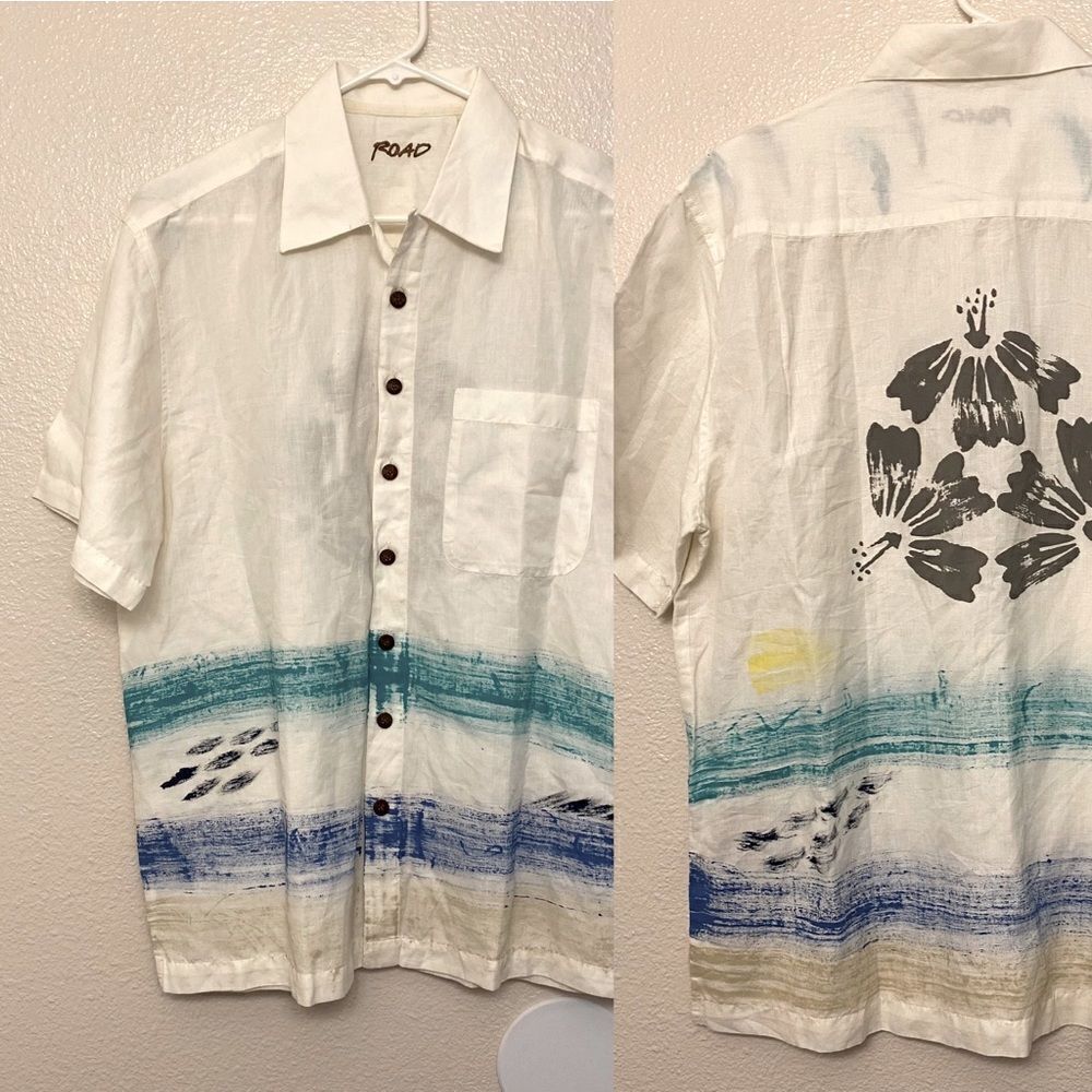 ROAD mens Cotton linen blend Short Sleeve button up Shirt coastal beachy -M